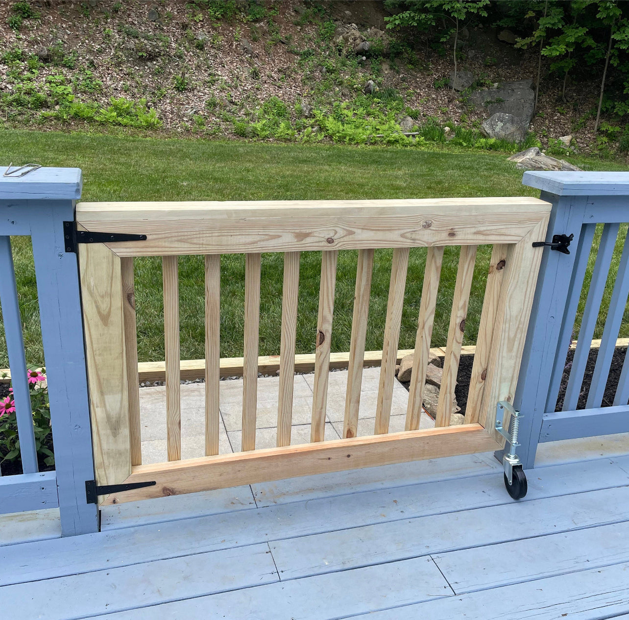 Back view of a handcrafted single baluster gate for pet and child safety