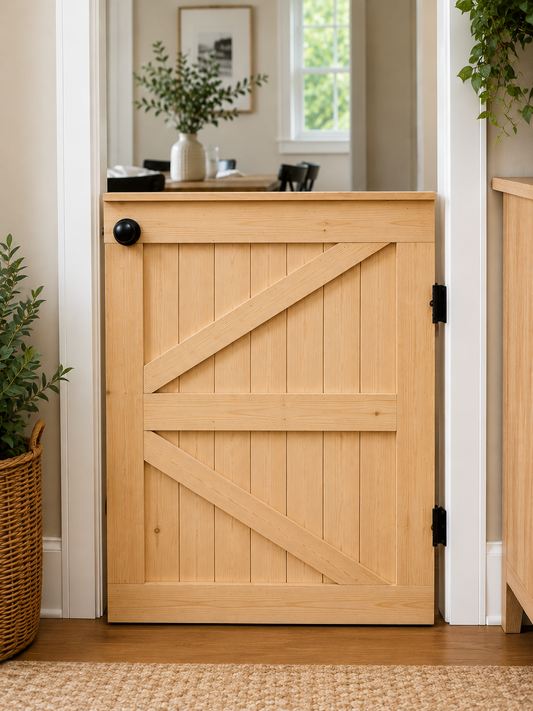 Custom indoor wooden baby and pet gate with farmhouse design installed in a home doorway featuring natural pine wood, black hardware, and evenly spaced vertical boards.