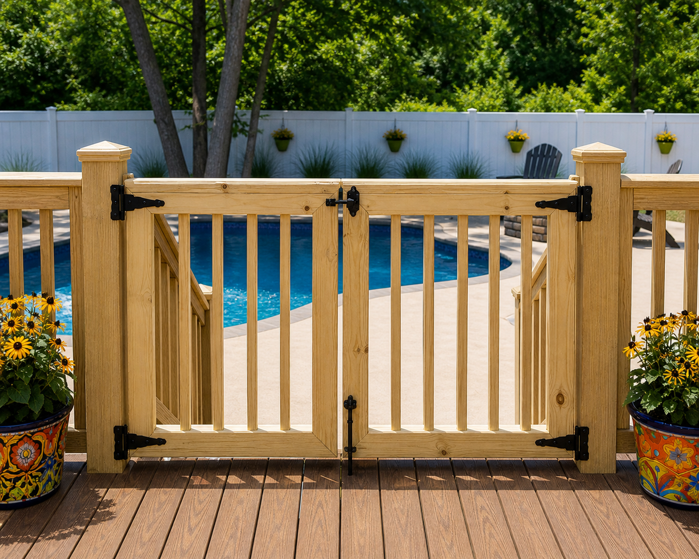 Double wooden baluster patio gate with top ledge and bottom rail, installed between deck posts with four black decorative hinges, center latch, and drop bar, overlooking a backyard pool