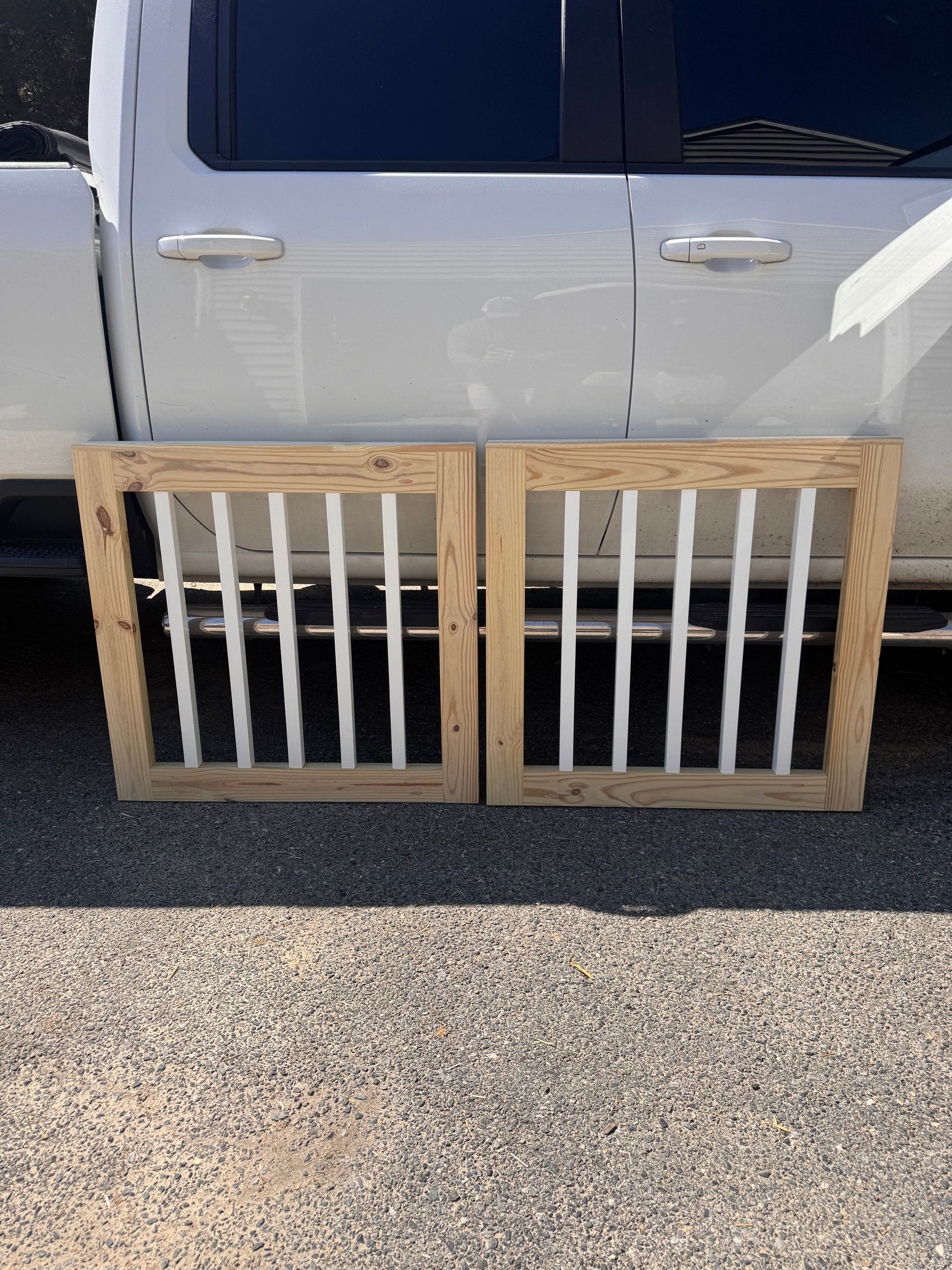 Custom double wooden deck gate with white square balusters – outdoor patio gate for dogs and children