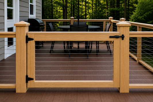 Pressure-treated wooden cable wire patio gate with black decorative hinges and latch installed on a modern outdoor deck surrounded by trees.