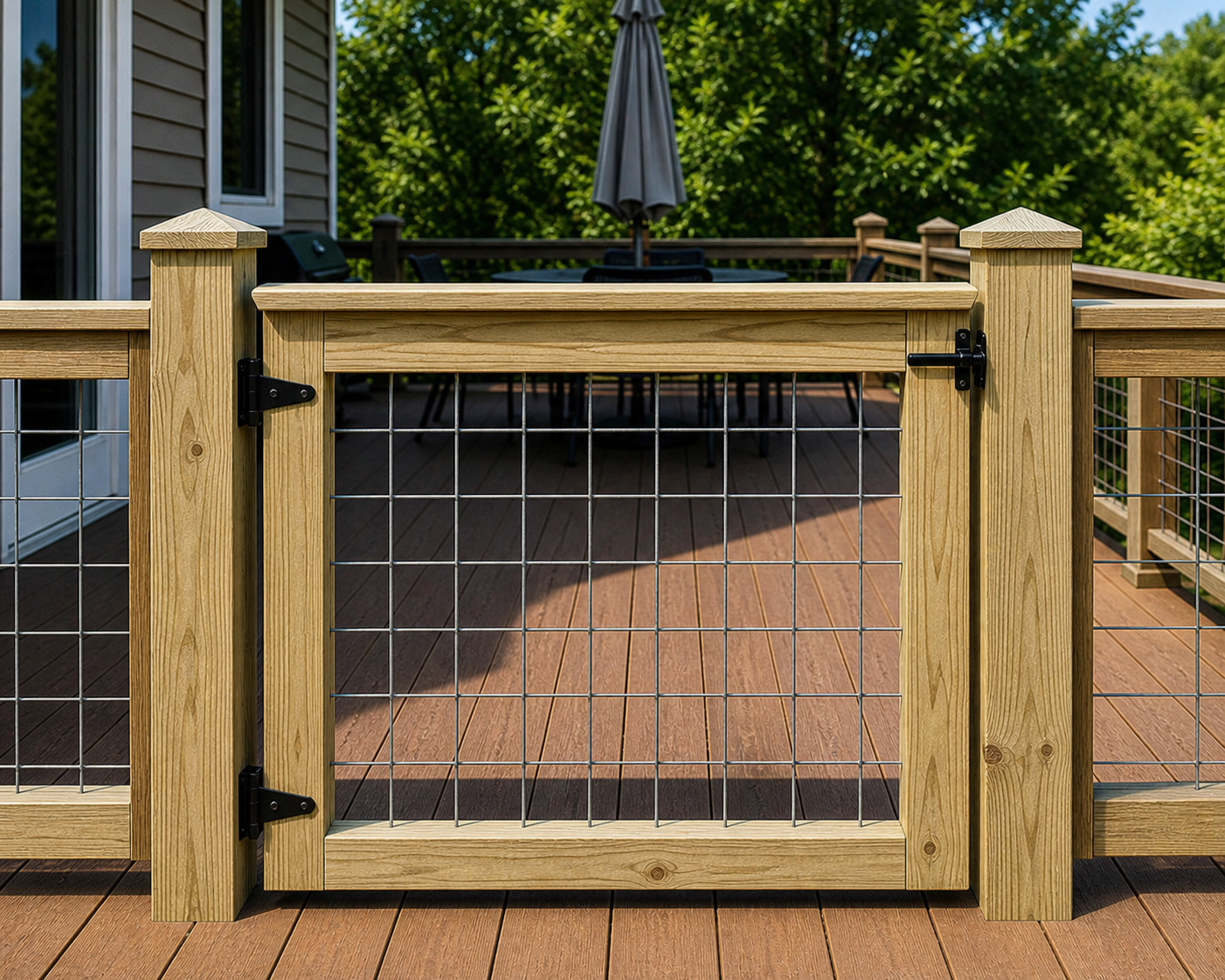 Single hog wire patio gate with square metal grid panel, pressure-treated wood frame with top ledge and bottom 2x4 rail, installed between deck posts on a backyard patio with black decorative hinges and latch