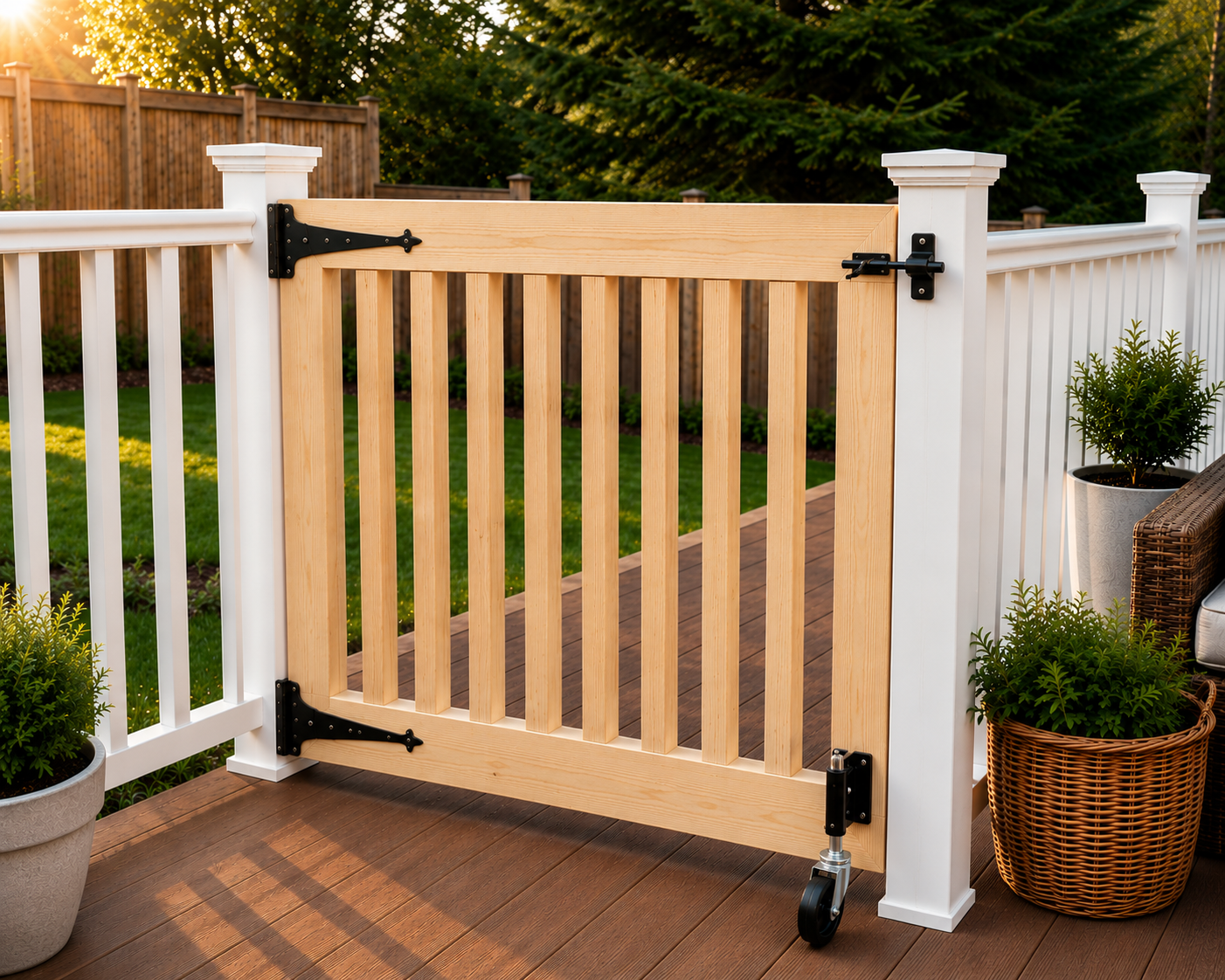 Pressure-treated wooden patio gate with decorative black hinges, caster wheel, and white vinyl railing installed on an outdoor deck at sunset.