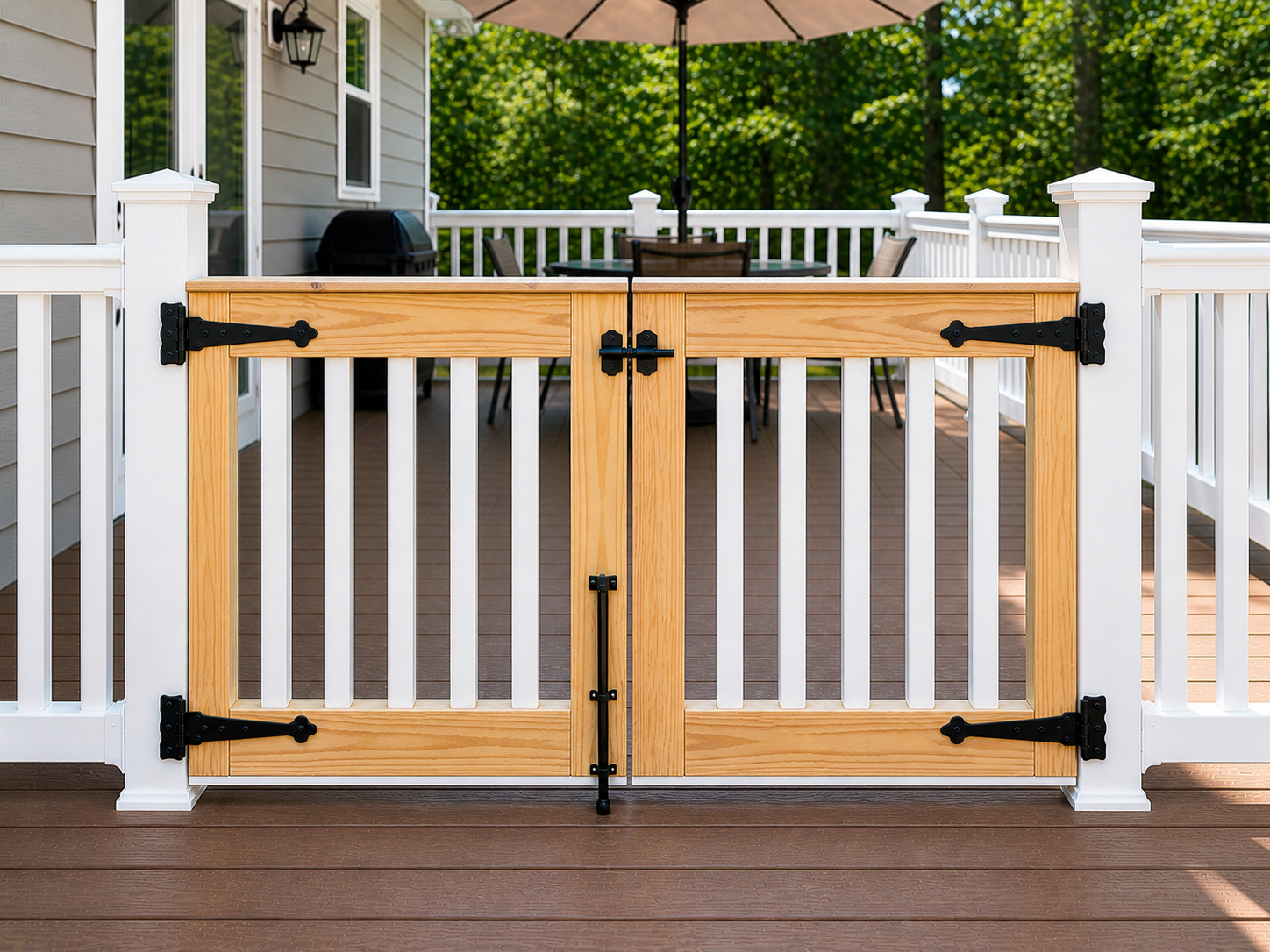 Wooden pet gate on a deck with white railing and outdoor furniture in the background