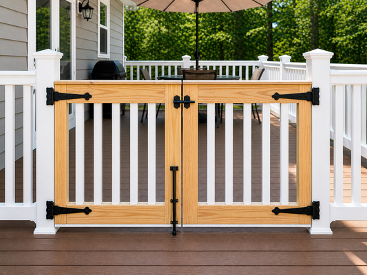 Wooden pet gate on a deck with white railing and outdoor furniture in the background