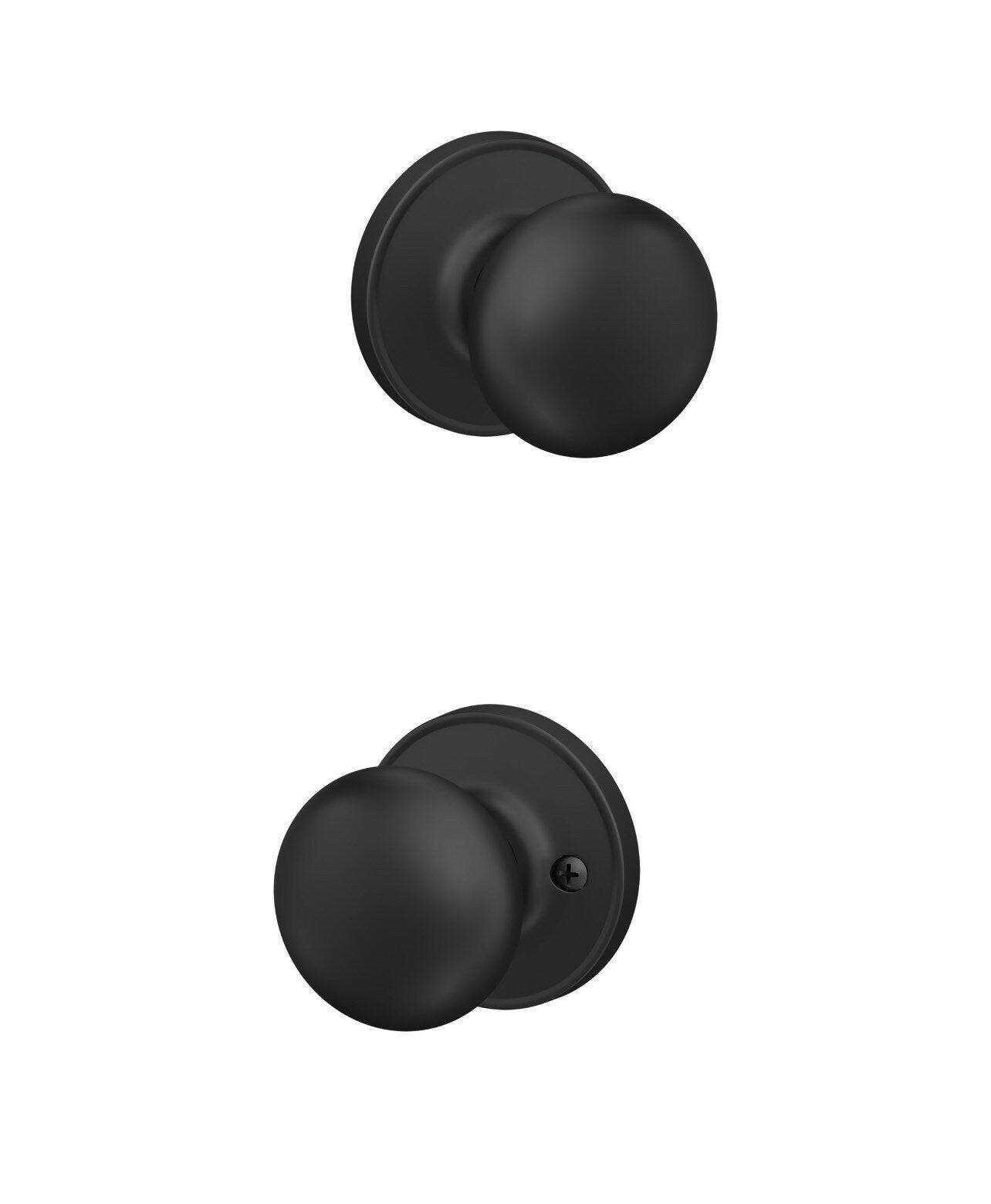 Pair of black door knobs on a white background