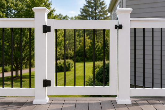 White composite patio gate with black aluminum balusters installed on a modern outdoor deck railing system designed for dogs and child safety