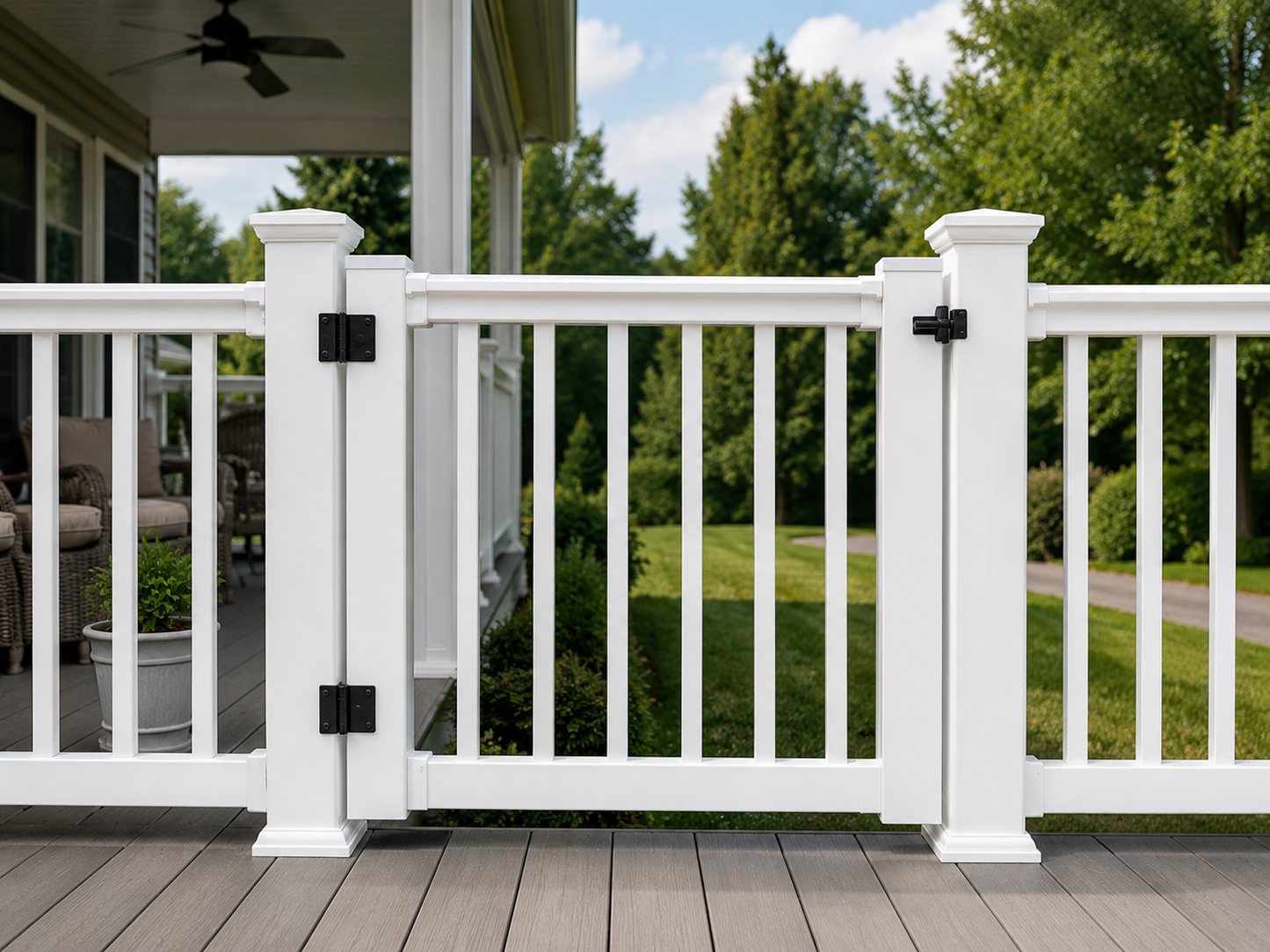 White composite patio gate with square balusters installed on a modern outdoor deck railing system.