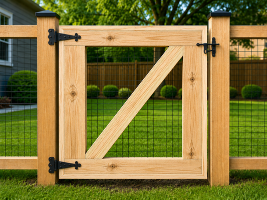 Custom single wooden patio gate with black 1x1 welded wire mesh installed on backyard fence with decorative hinges and latch.