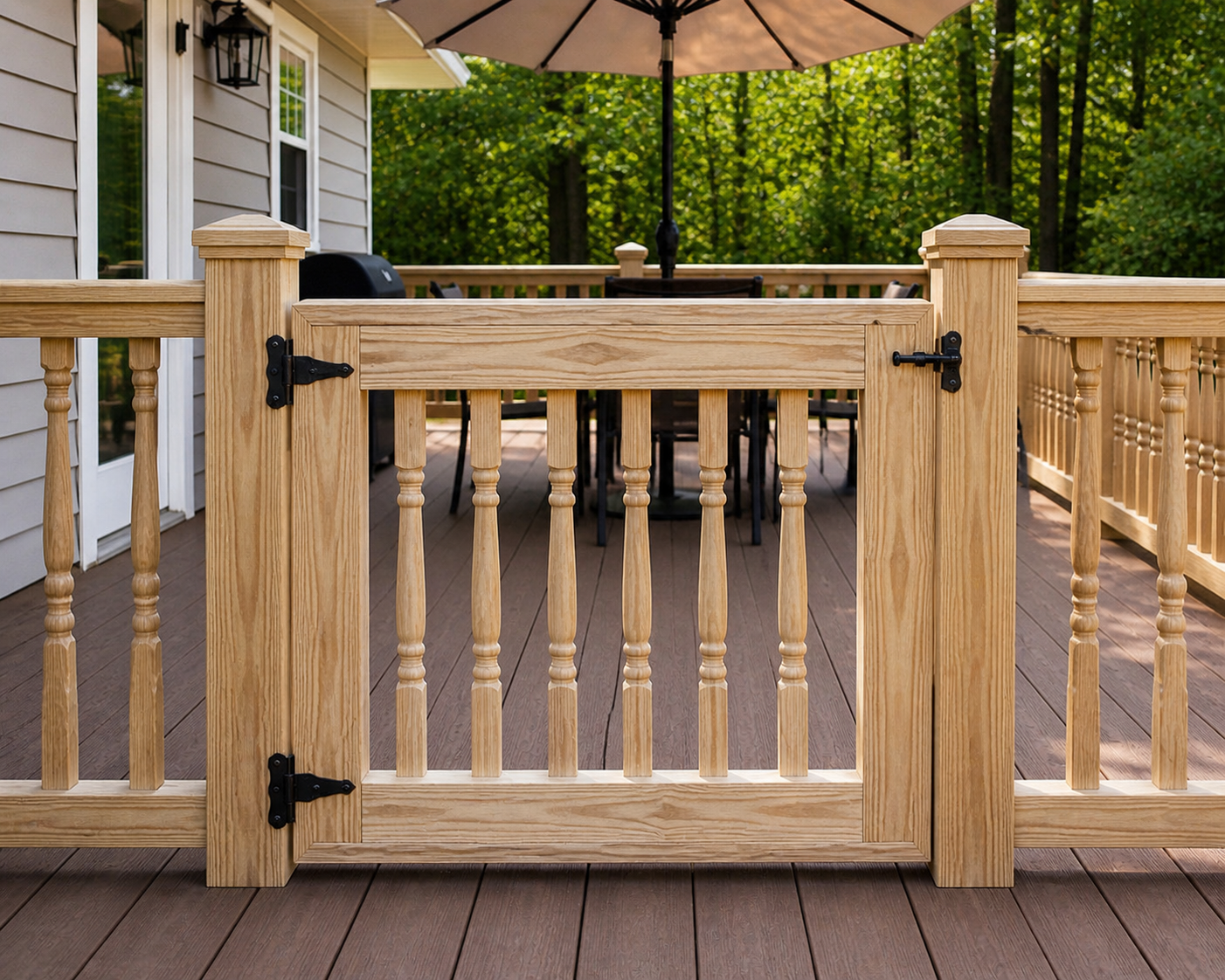 Single decorative wooden patio gate with turned balusters, built from pressure-treated lumber with a thick 2x6 frame, installed between deck posts on a backyard patio, featuring black 6-inch decorative hinges and latch, centered front view in bright natural daylight with railing and outdoor seating in the background